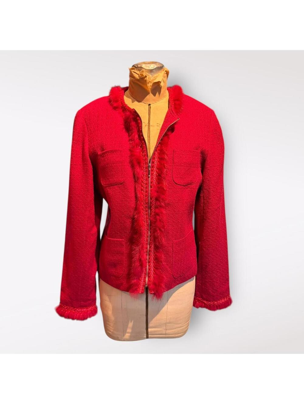 Dalia Red Zip-Up Jacket with Rabbit Fur Trim